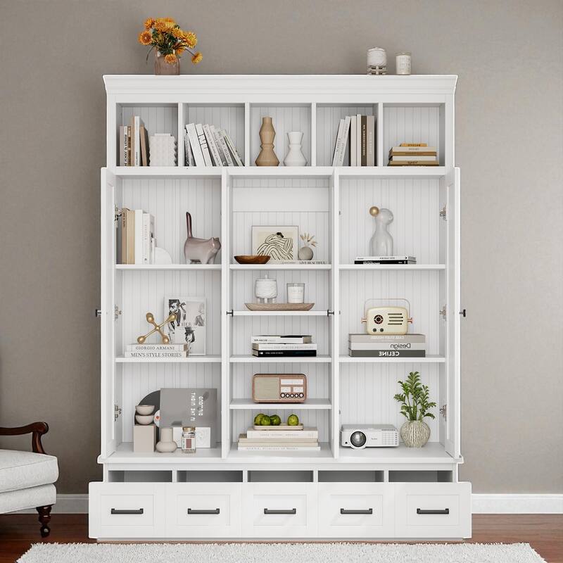 Modern Hall Tree with Bench, 5 Cubbies, 4 Doors & 5 Drawers, Adjustable Shelves, 62.4 x 19.7 x 78.7 in