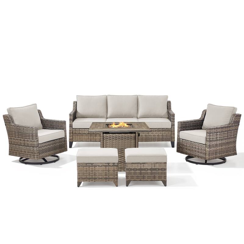 Pocassy Outdoor Swivel Chair with Sofa with Fire Pit Table