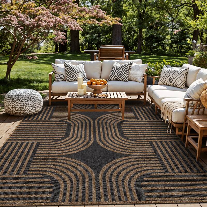 World Rug Gallery Geometric Indoor/Outdoor Flat Woven Area Rug - Natural Jute-Style, Easy-Care Patio Rug for Balcony Patio Deck - Dark Gray - 9' x 12'