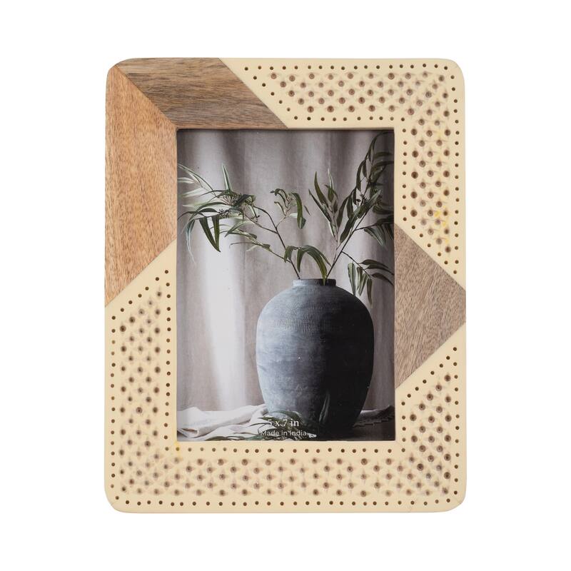 Sagebrook Home Modern Neutral Resin Ivory/Natural Wood and Woven Photo Frame - 8" x 1" x 10"