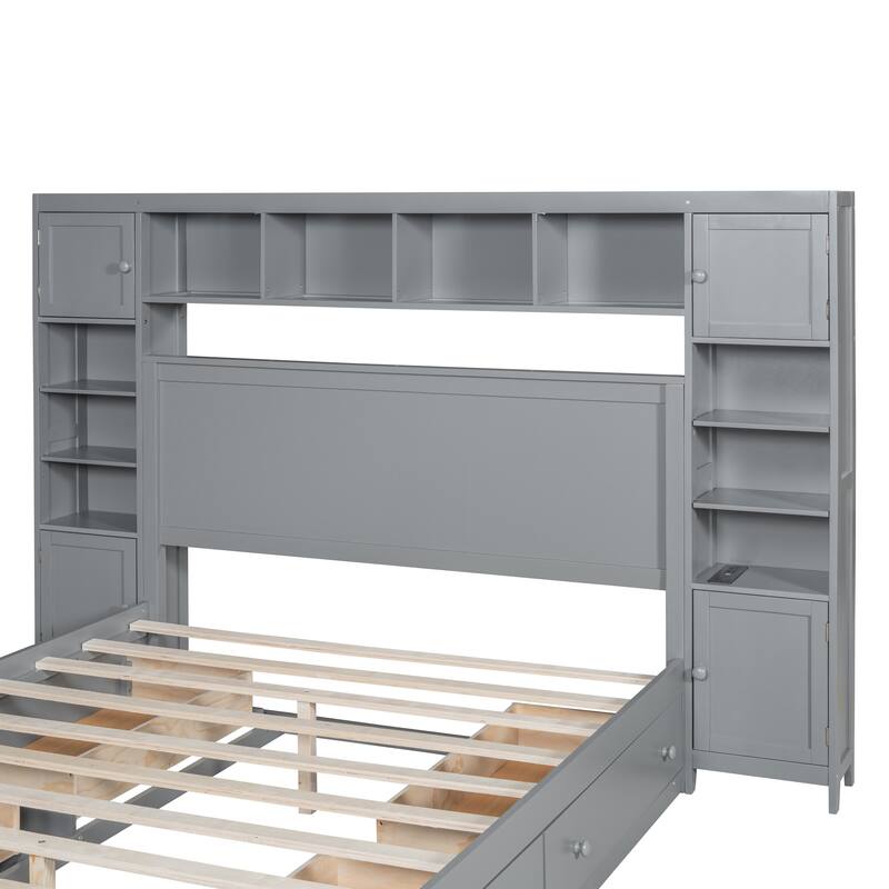 Wooden Platform Bed with Cabinet, Shelves, and Drawers