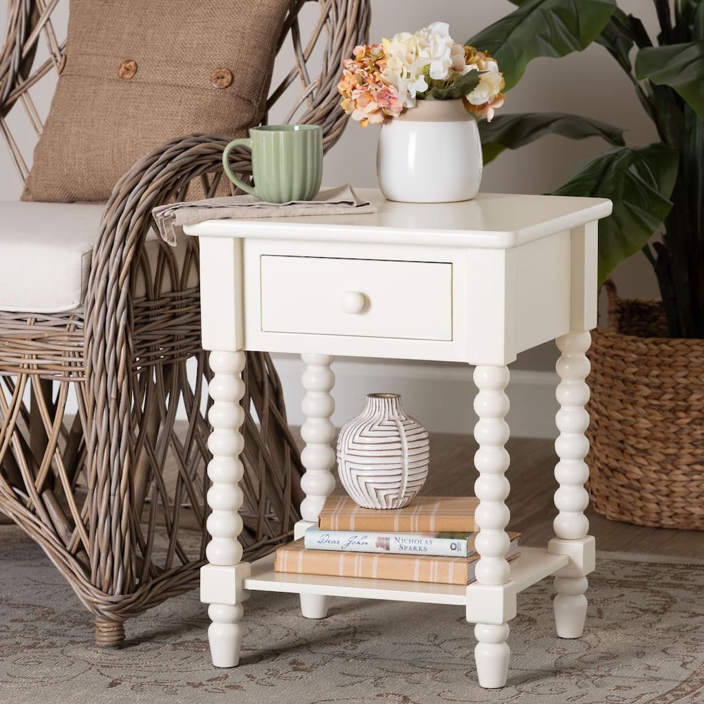 Raynera End Table with Bobbin Legs - 1-Drawer Accent Table with Spindle Turned Legs and Open Shelf, Cottage Farmhouse Side Table