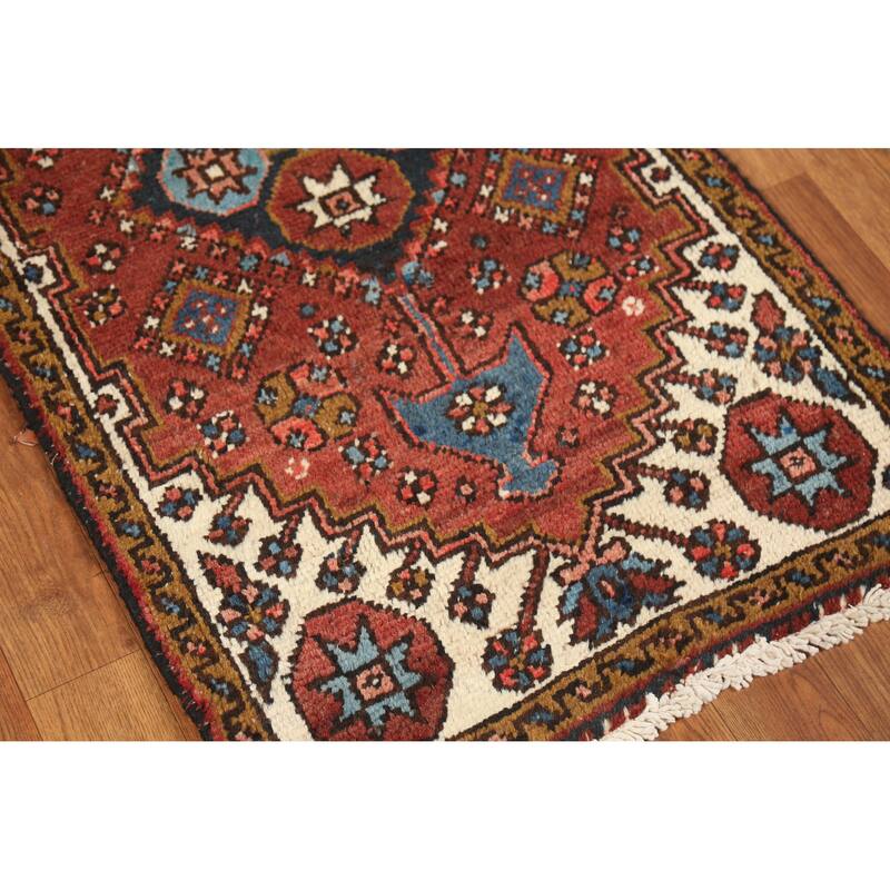 Hand Knotted Oriental 100% Wool Carpet Traditional Geometric Oranges & Rust Heriz (serapi) Runner Rug - 10' 7'' X 2' 1''
