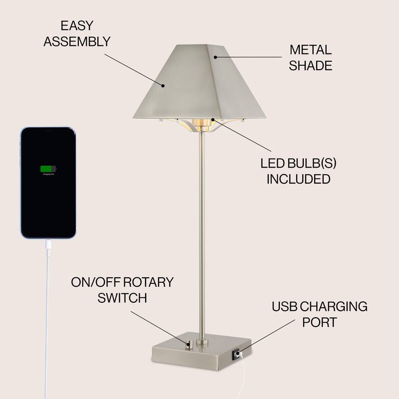Houston 25" Industrial Style Iron Pyramid Bedside LED Table Lamp with USB Charging Port, Nickel by JONATHAN Y