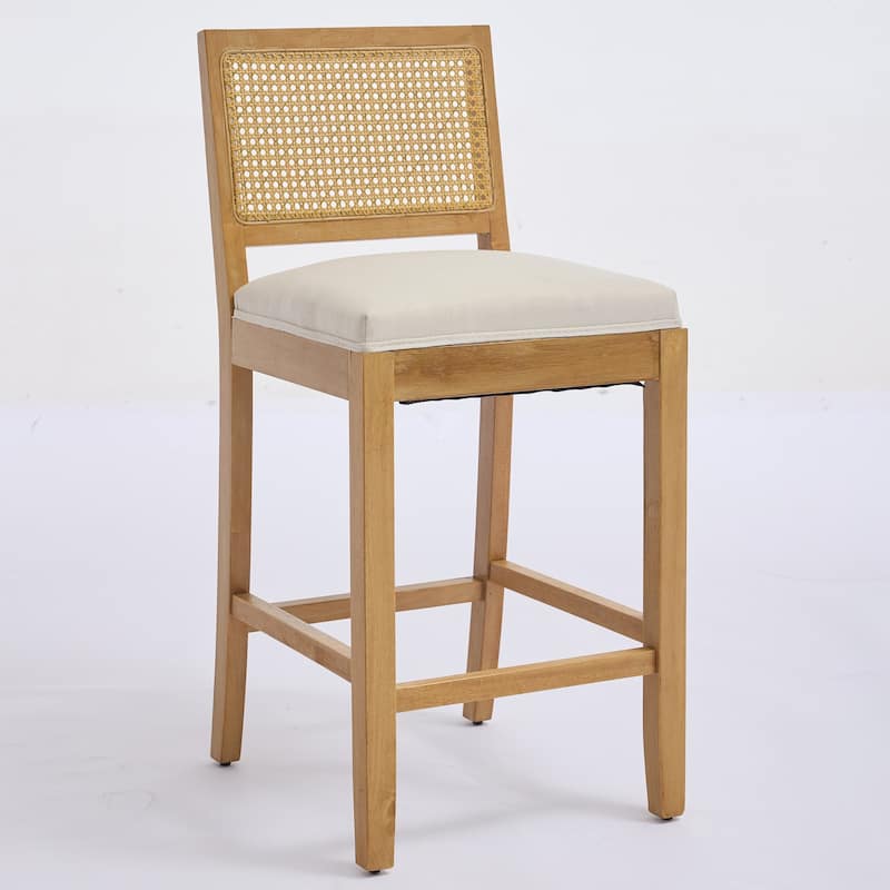 Linen Upholstered Full Solid Wood Bar Stools Set of 2, Bar Stool with Rattan Back, Breakfast Bar Chairs with Footstool