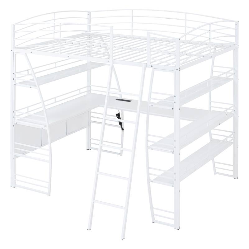 Full/Twin Loft Bed with L-Shaped Desk, 4 Storage Shelves, Sockets, USB Ports, Wireless Charging, and Metal Frame