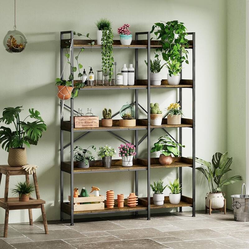 5 Tier Modern Industrial Wood Bookcase, Corner Bookshelf for Living Room, Bedroom