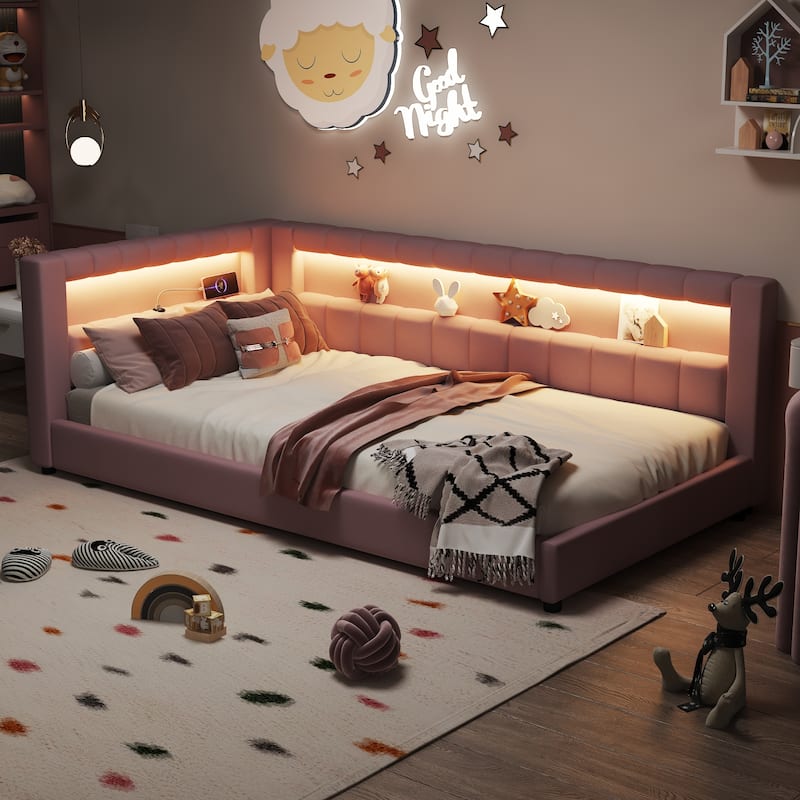 Upholstered Low-Profile Daybed Platform Bed Built-in USB Ports and LED Light Belt, Grounded Design with Padded Backrest - Pink - Twin XL