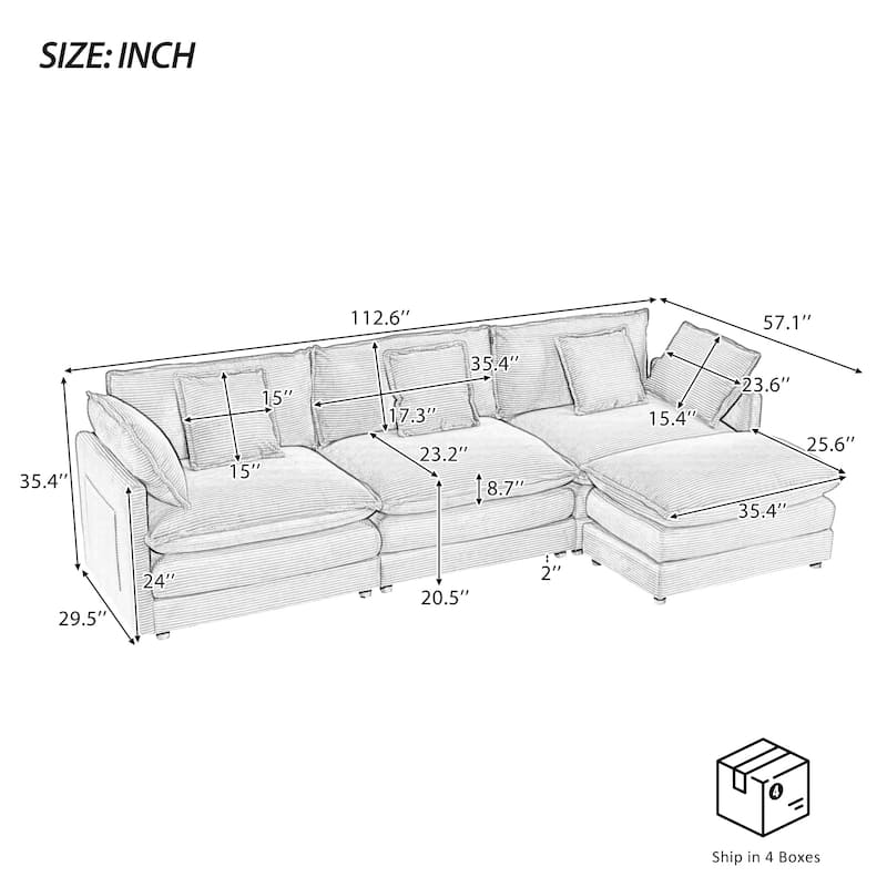 L-Shaped Sofa Chenille Convertible Lounge Chaise with Ottoman