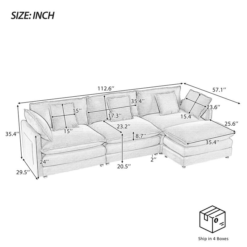 Sectional Sofa with Movable Ottoman Corduroy L-Shaped Upholstered Deep Seat Couch with Lumbar Pillows and Side Pockets