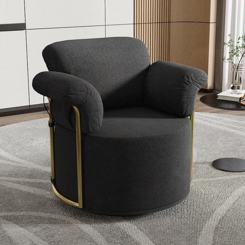 360 Degree Barrel Swivel Fluffy Fabric Lounge Wide Upholstered Reading Chair with Gold Metal Legs - Black - Round Seat