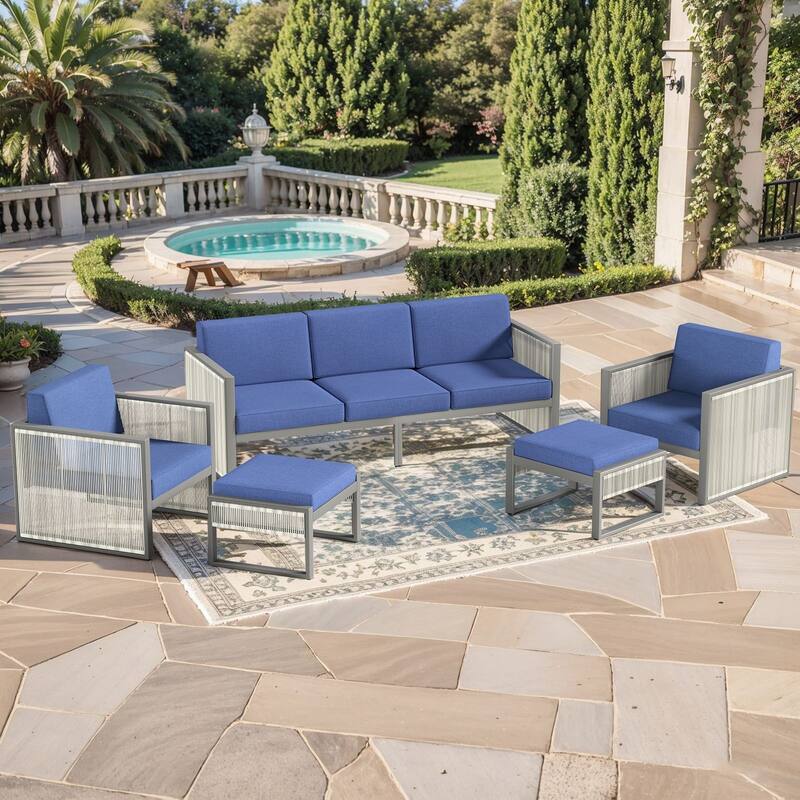 Pocassy 5-Piece Outdoor Sofa Patio Chair with Ottoman - Blue Cushion - 5PCS Sofa Patio Chairs with Ottoman