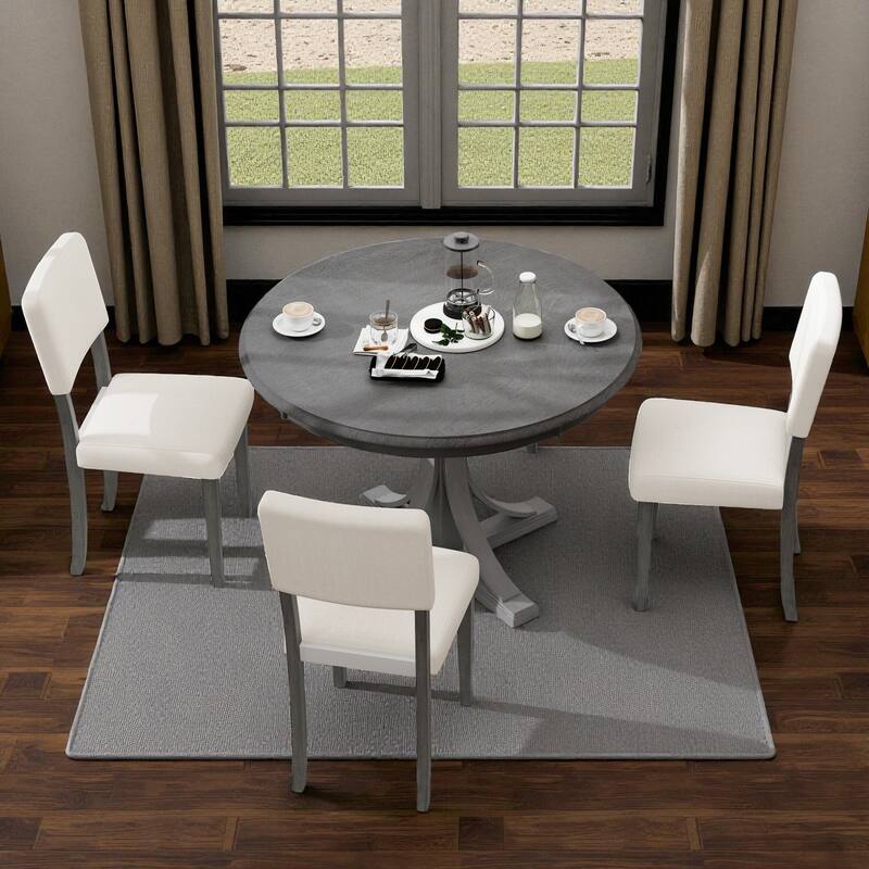 5-Piece Retro Round Dining Table Set, 44" Pedestal Wood Table with Curved Trestle Legs and 4 Upholstered Chairs - Dark Grey
