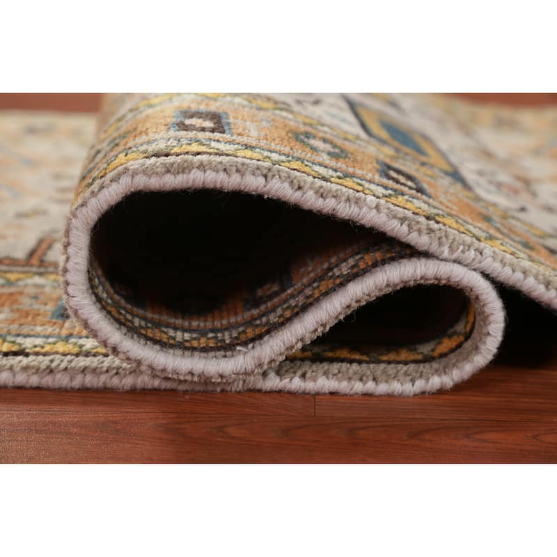 Hand Knotted Oriental 100% Wool Carpet Traditional Geometric Greys & Charcoal Heriz (serapi) Runner Rug - 8' 0'' X 2' 7''