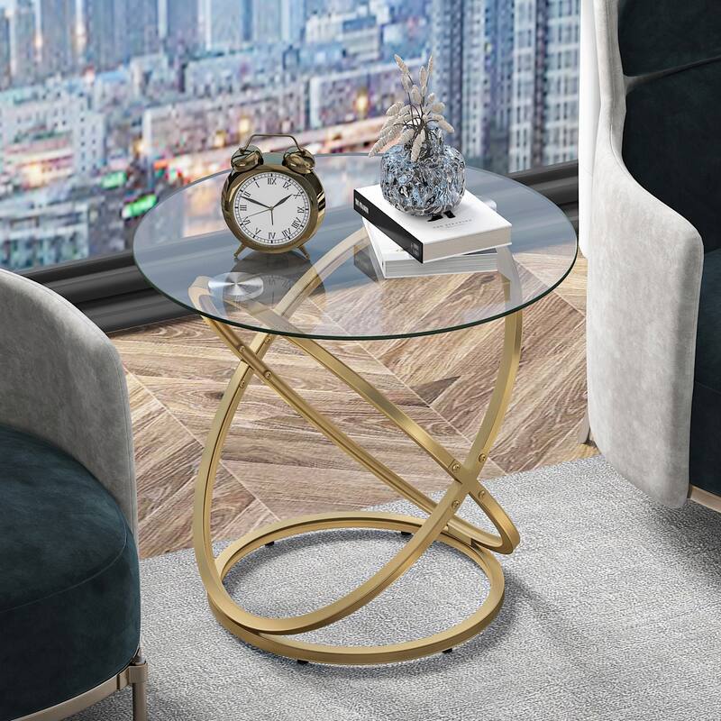 Myhozm Modern Round Glass/Stone Top Side Table with Metal Base