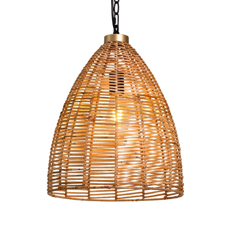 Ravy Farmhouse Large 1-Light Rattan Pendant Natural Cone Island Lights for Dining Room - D 14.17" x H 77.5" MAX