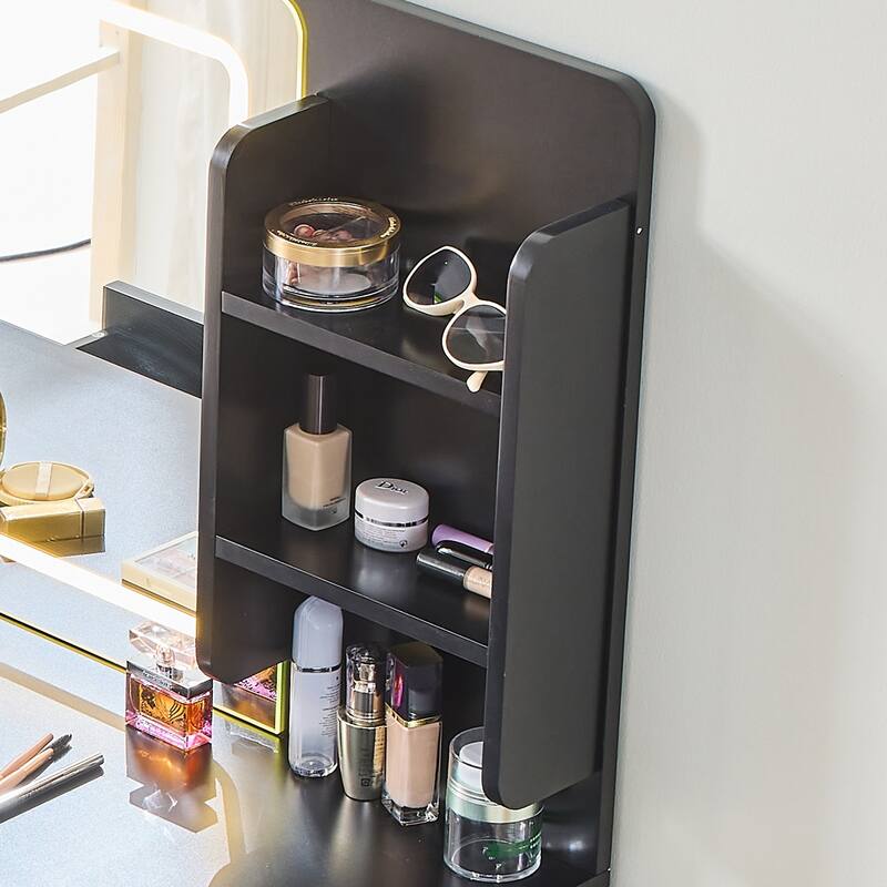 Modern Makeup Vanity Desk with LED Lights & Mirror, Extendable Dressing Table Set with Stool, 4 Drawer & Side Cabinet