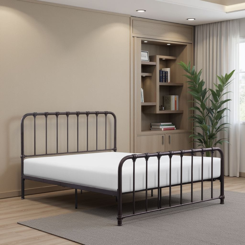Ethan Twin Size Metal Bed, Bronze Spindle Design, Heavy Duty Slat Support