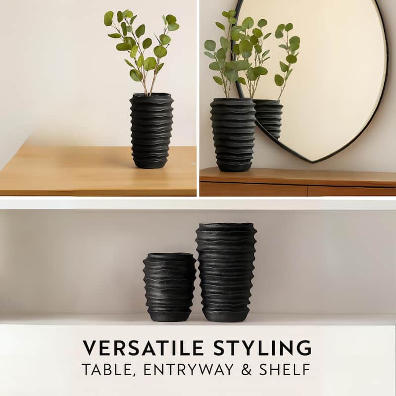 Aria Home Black Ceramic Vase Set of 2 with Large Cylindrical Design