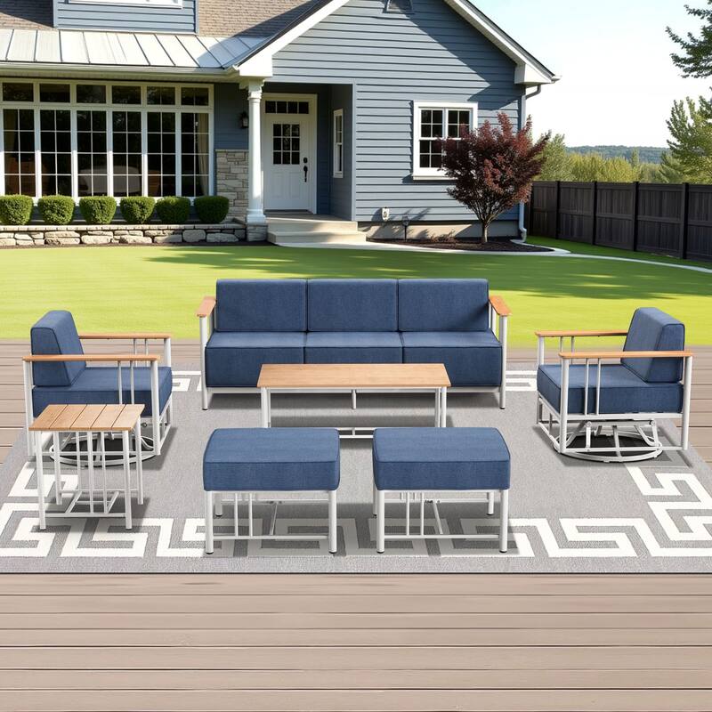 Outdoor Patio Funiture Set with Extra-Thick Seat cushion - White & BLue Cushion - 7PCS Sofa Swivel Chair Ottoman with Table