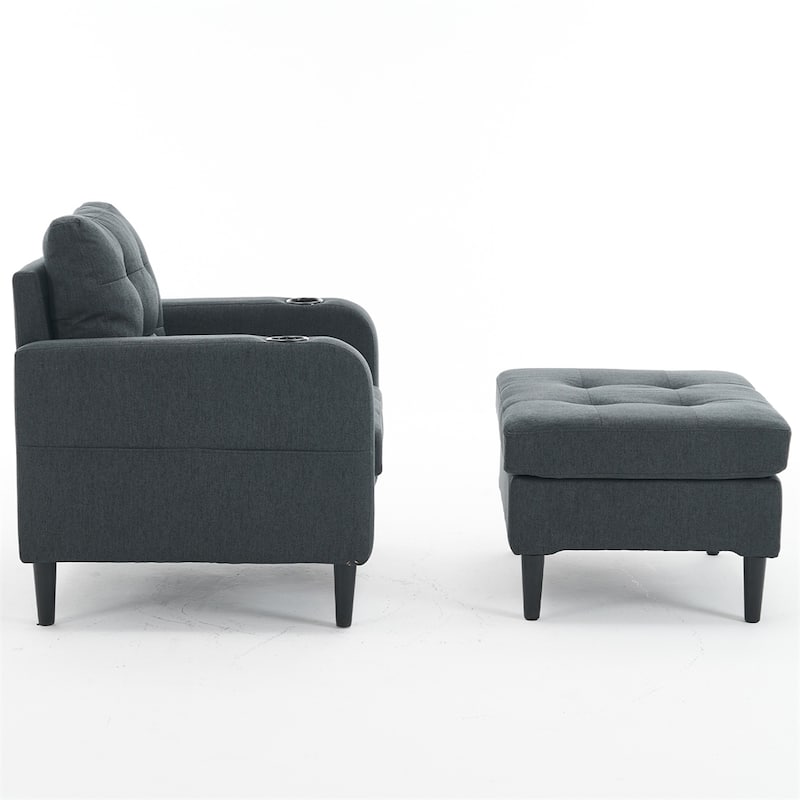 Upholstered Armchair and Storage Ottoman Set with Cup Holders