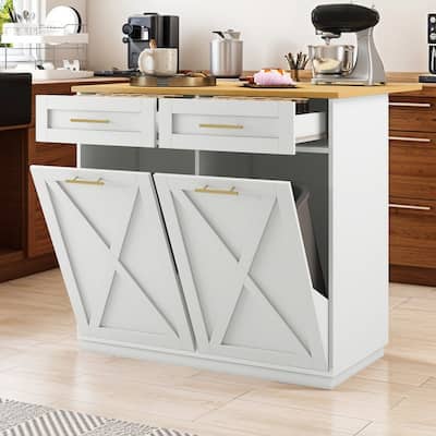 Moasis Kitchen Island Drop Leaf Double Tilt Out Trash Cabinet with Power Outlet & Wheels