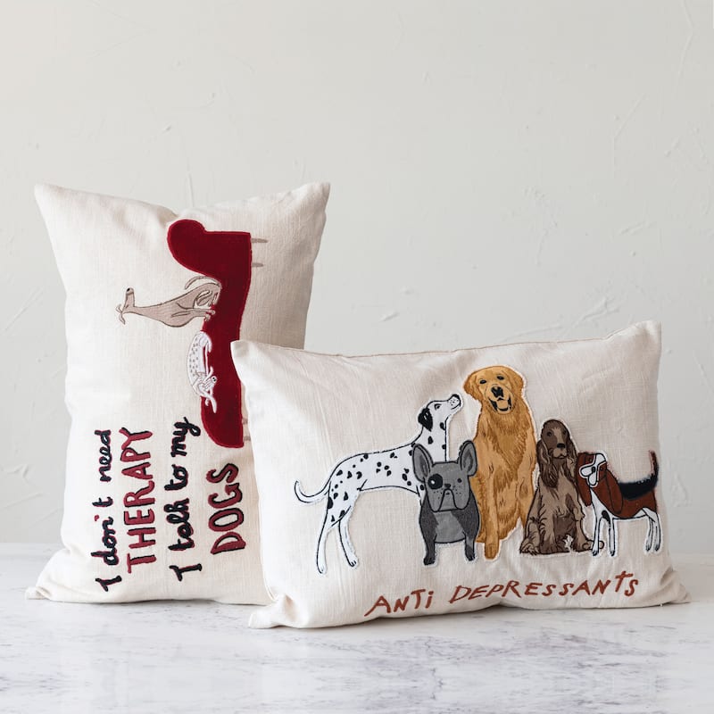 Cotton Lumbar Pillow Cover with Dog Illustration and Message