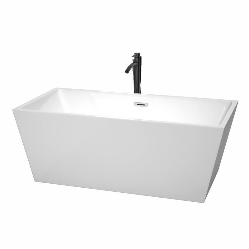 Wyndham Collection Sara 63" Freestanding Soaking Tub with Tub Filler - White / Polished Chrome Trim / Matte Black Faucet