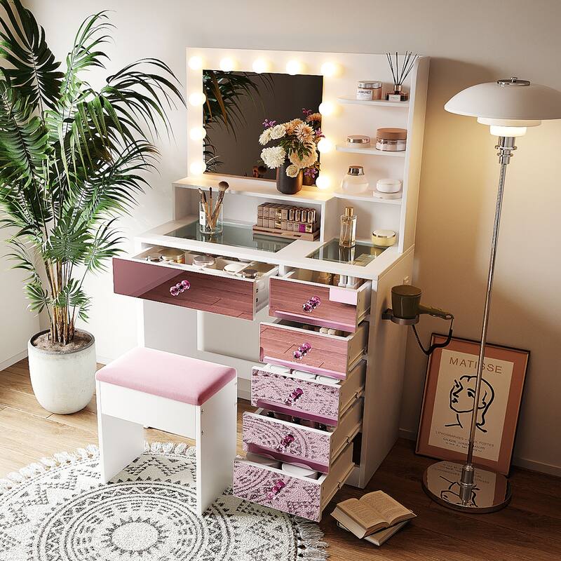 Hollywood Vanity Desk with 9 Bulbs, 3 Lighting Modes & Pink Storage