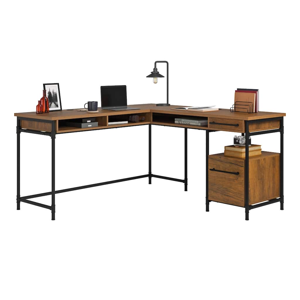 Wood L-Shaped Desk with 1-Inch Thick Desktop, Brown