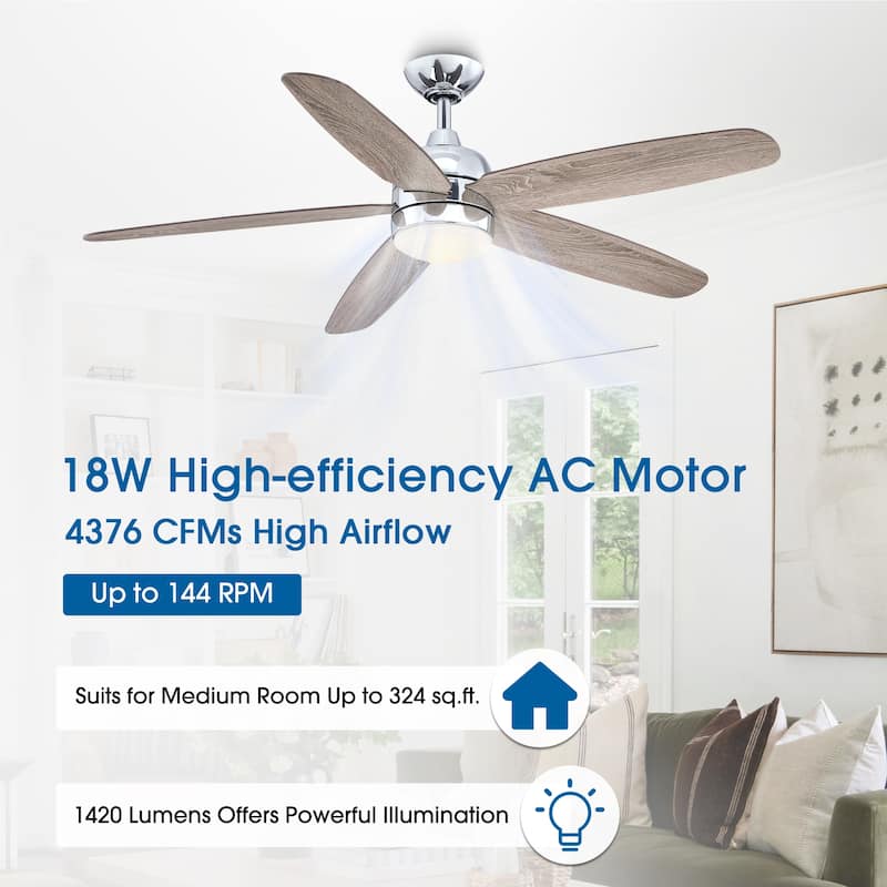 52" Classic Wooden 5-Blade Chrome Reversible Ceiling Fan with Light and Remote - 52 in. D x 52 in. W x 14.6 in. H