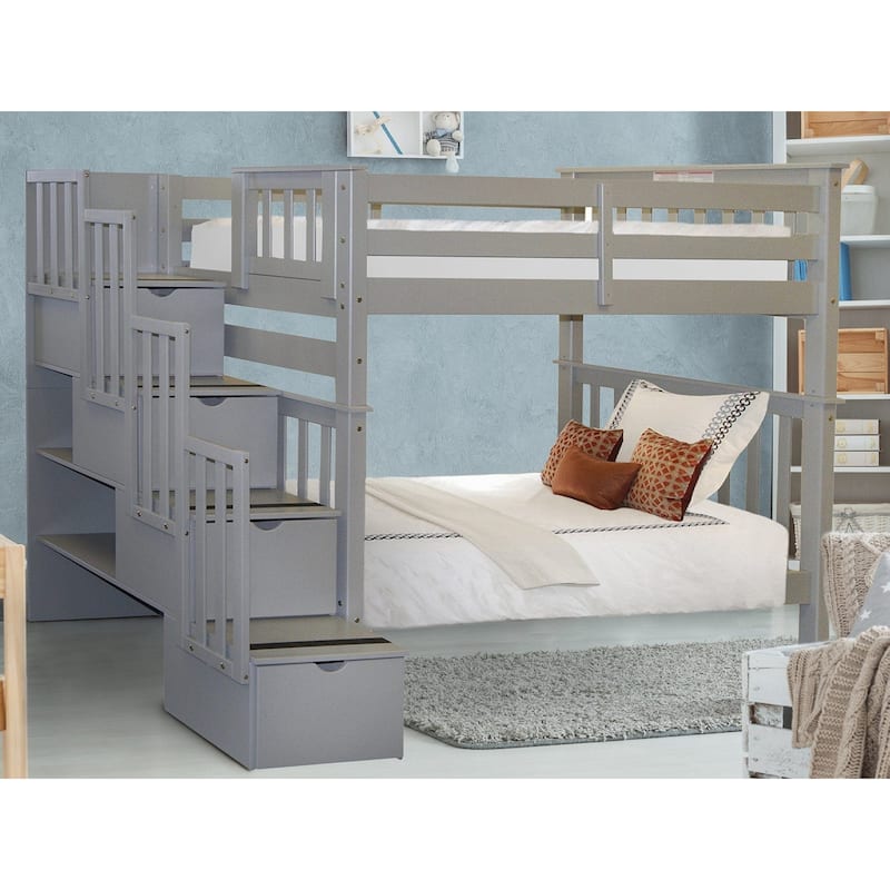 Taylor & Olive Trillium Tall Twin over Twin Stairway Bunk Bed, 4 Steps - Grey