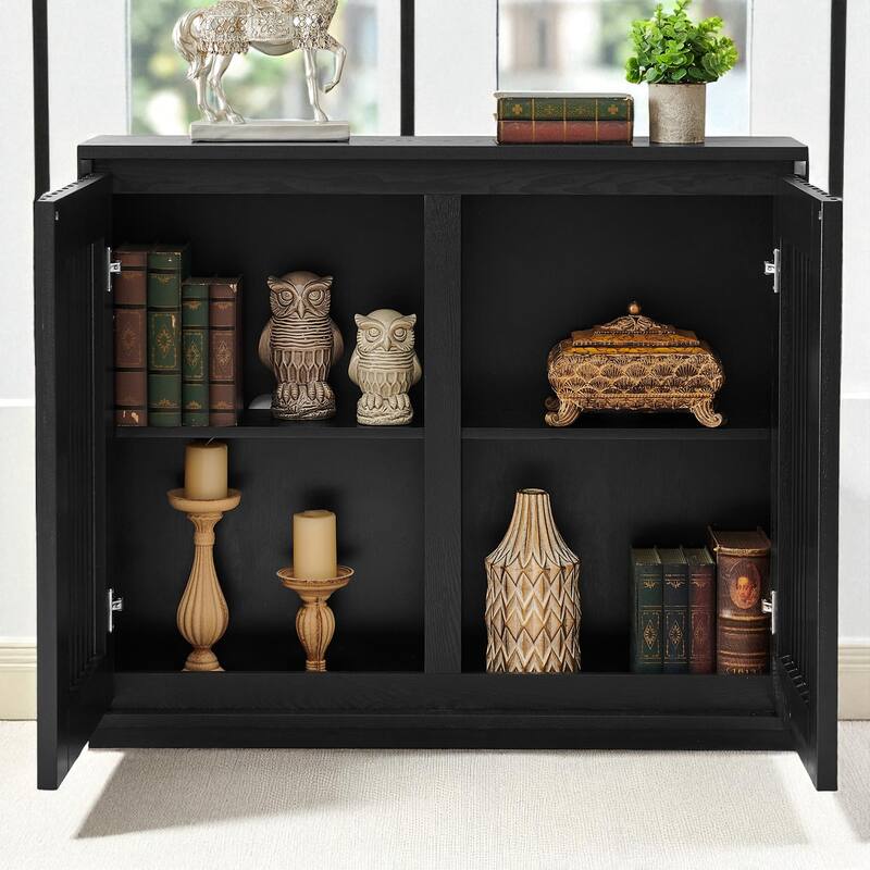Mid Century Fluted Sideboard Cabinet with Outlet Holes, Solid Wood & MDF Buffet Storage for Entryway Hallway Dining Room.