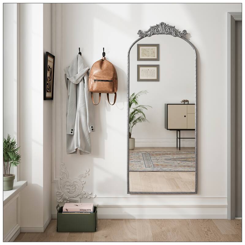 58"x24" Arched Full Body Mirror with Vintage Ornate Carved Applique