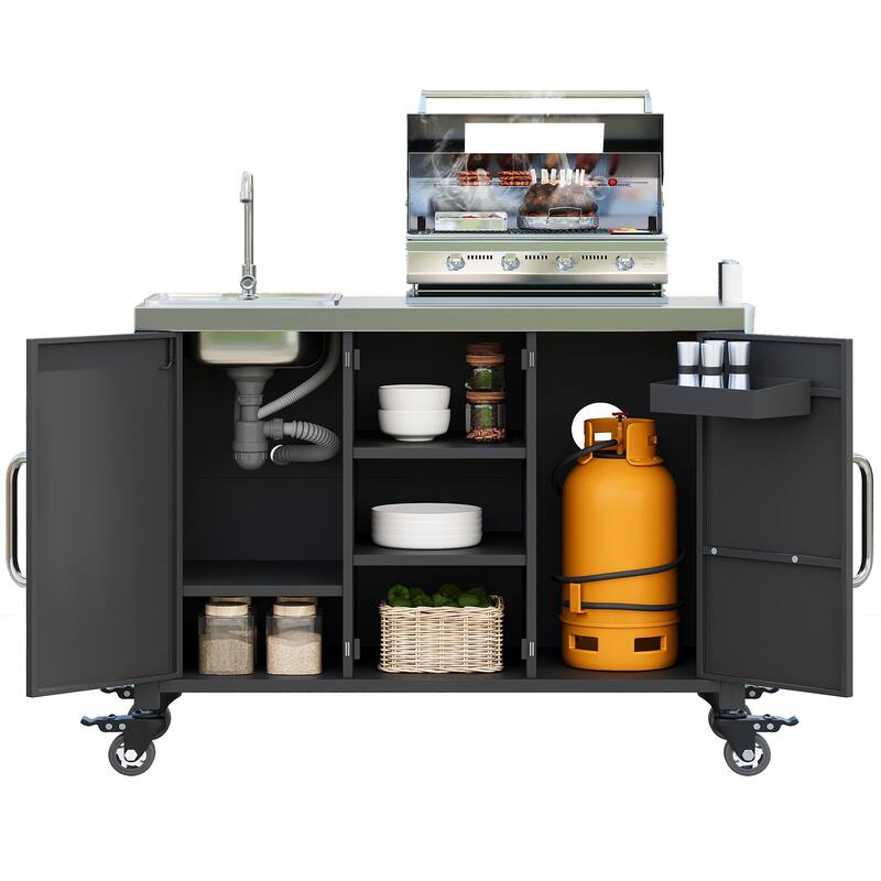Metal Tabletop Kitchen Island with Stainless Steel Sink, Built-in Partition and Rolling Grill Cart, Pantry Storage Cabinet