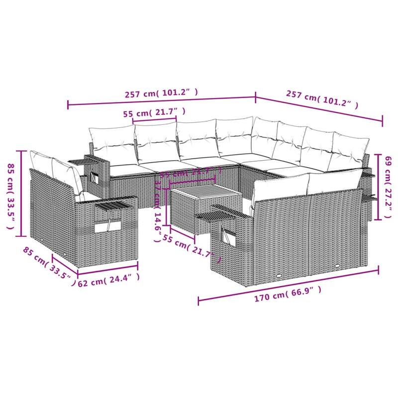 vidaXL Garden Sofa Set Black and Cream - 24.4 x 25.8 x 27.2