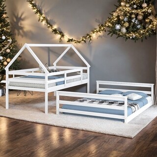 Wood Kids Bed with Safety Guaranteed Twin over Full House Bed Design Separate Bunk Bed with Built-in Ladder, White