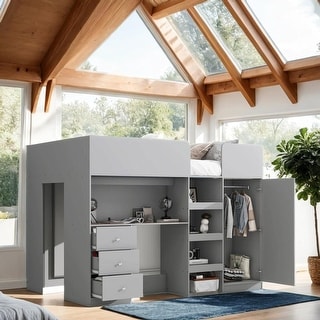 Stylish & Simple Wood Full Size Loft Bed with Built-in Wardrobe, Desk, Storage Shelves and Drawers, Safety Guaranteed, Grey