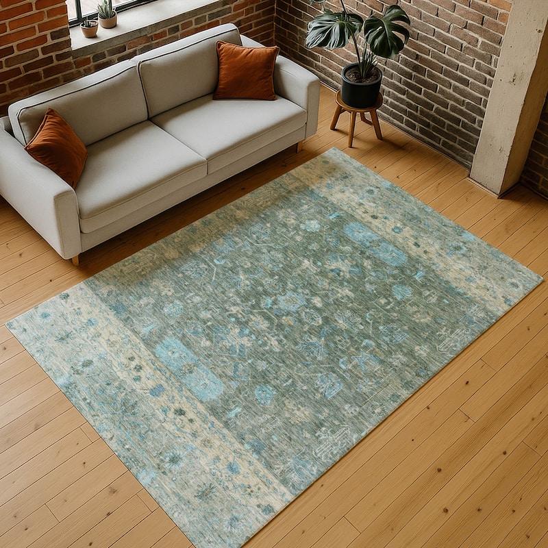 Machine Washable Indoor/ Outdoor Traditional Border Chantille Rug