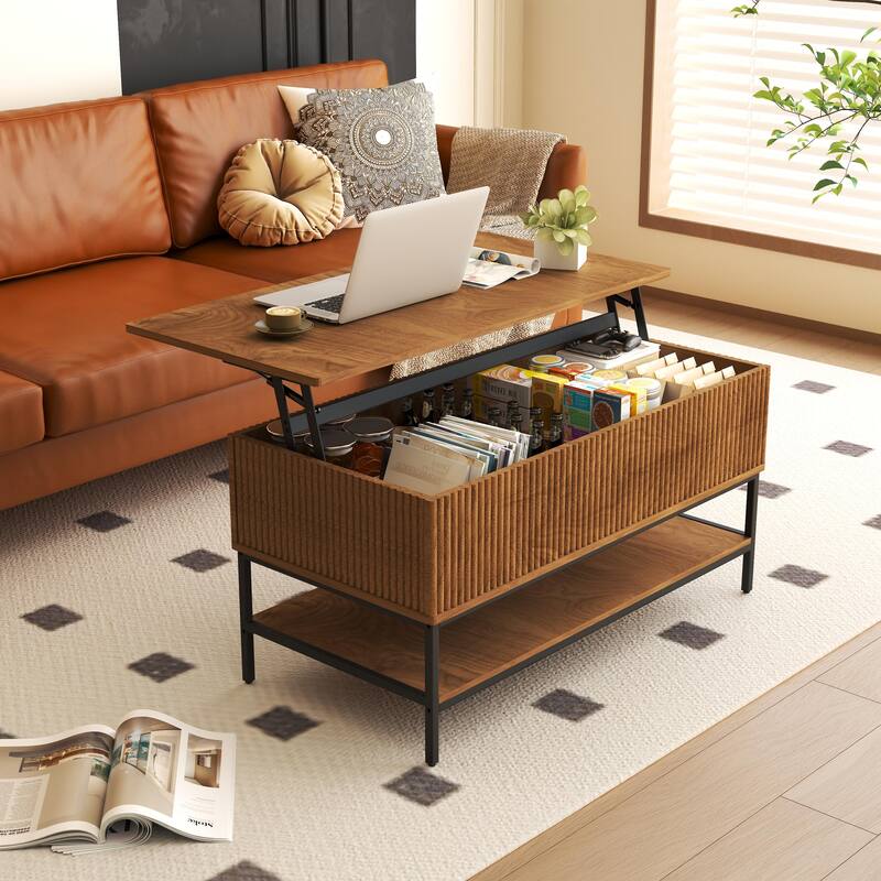 Lift Top Coffee Table 39.4 Inch Rectangle, Farmhouse Style with Hidden Storage & Lower Shelf, Sturdy Steel Legs