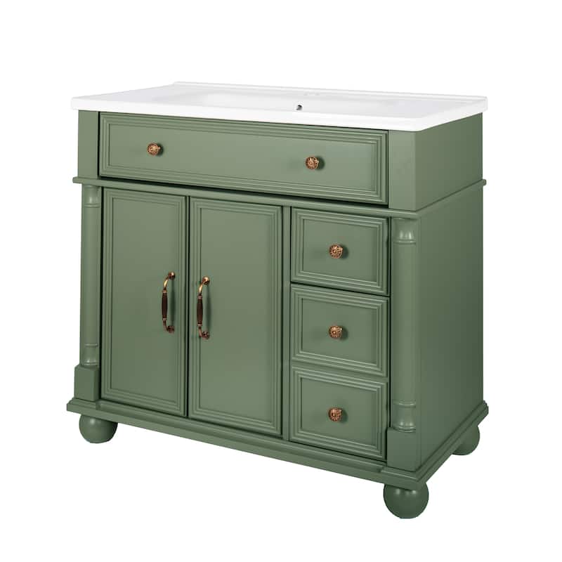 28"/36" Bathroom Vanity with Sink, Integrated Ceramic Basin Vanity Cabinet with Roman Column Base, Solid Wood Frame