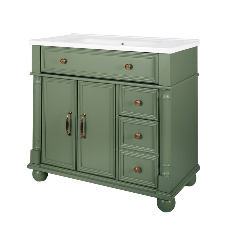 35.6-Inch Mid-Century Bathroom Vanity Sink with Roman Column Base, Farmhouse Freestanding Vanity Cabinet