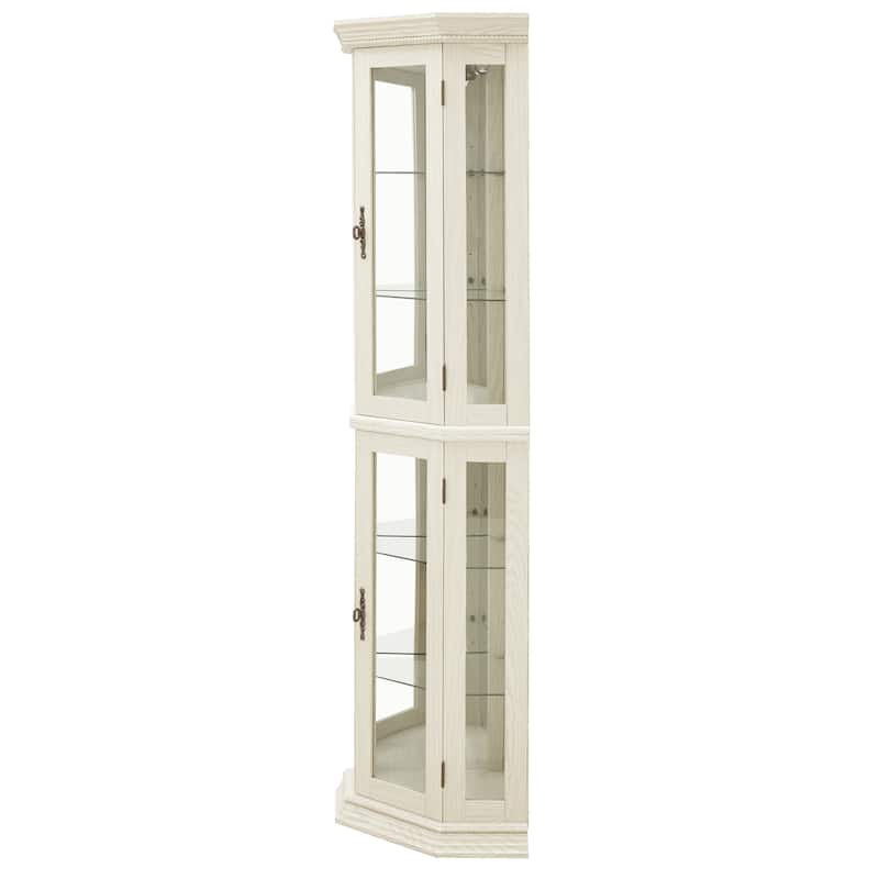 Lighted Corner Curio Display Cabinet, Wooden Curio Cabinet with Mirrored Back Panel, Bar Cabinet with Tempered Glass Doors