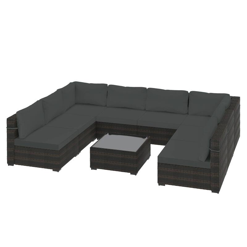 Patio Watcher Outdoor 8 Seater Rattan Sectional Set with Cusions and Coffe Table