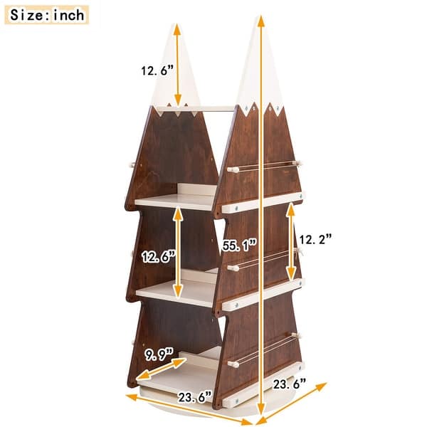 360° Kids Revolving Bookshelf and Toy Storage, 4-Tier Solid Wood Christmas Tree Look Bookcase, Nursery Display Organizer Cabinet