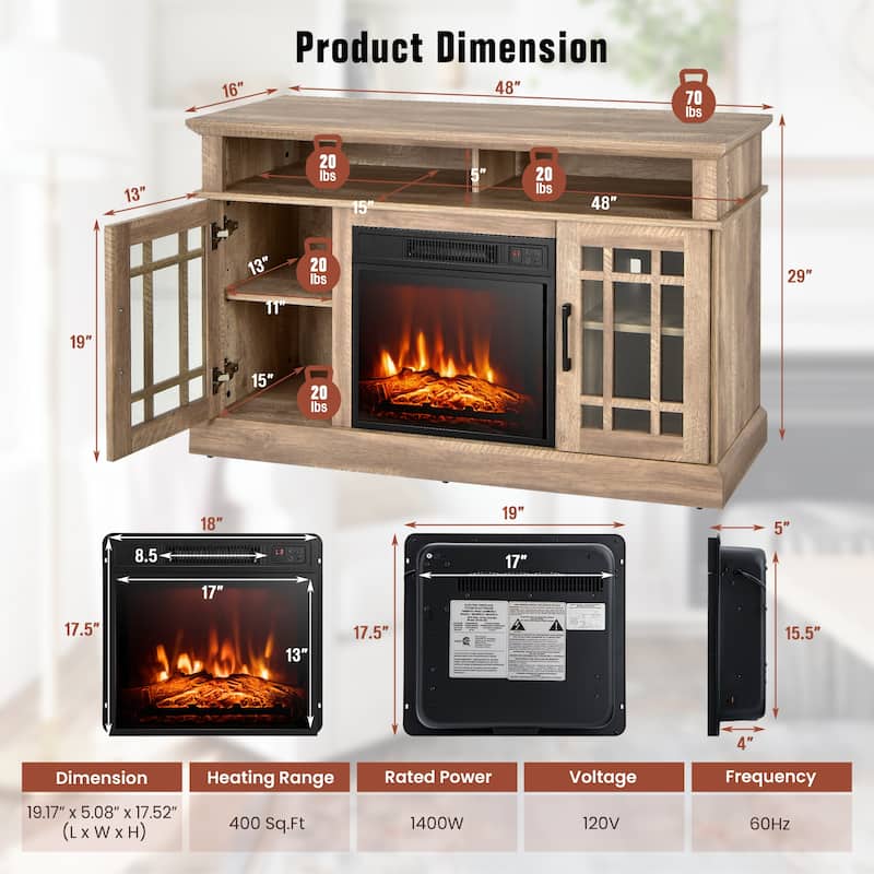 48 Inch Electric Fireplace TV Stand with 2 Side Cabinets and 2 Open Shelves - 48" x 16" x 30" (L x W x H)