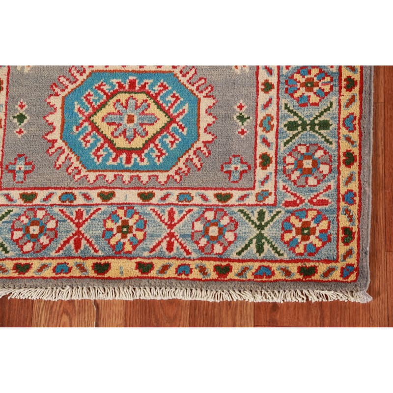 Gray Blue Geometric Kazak Oriental Foyer Rug Hand-Knotted Wool Carpet - 2'0"x 3'0"