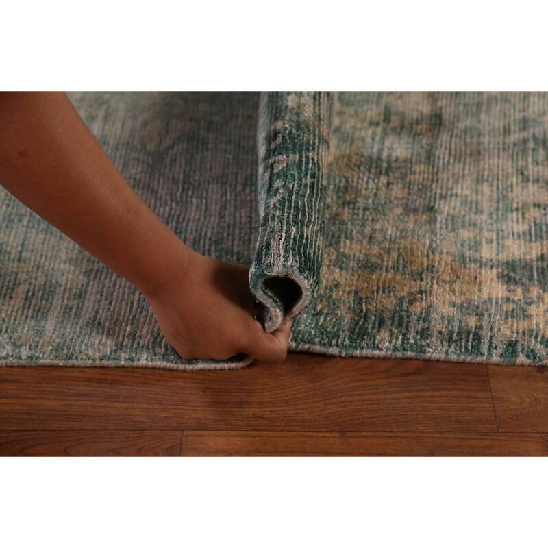 Green Abstract Indian Large Area Rug Hand-Knotted Wool Carpet - 9'9"x 14'1"