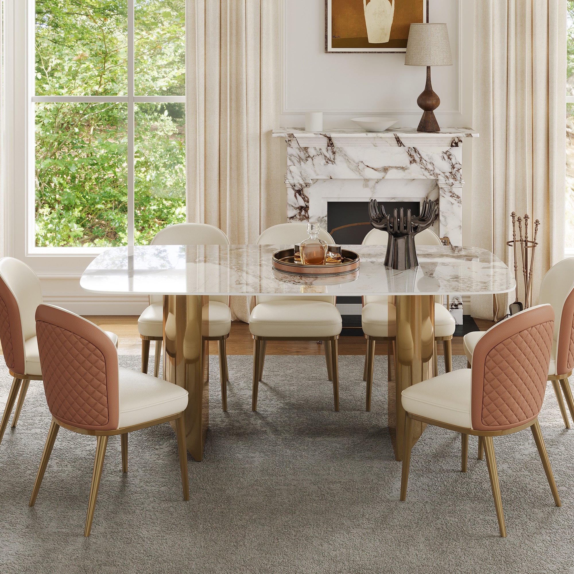 【pepe】PRINCESS Table GrillStone Beige White Rectangular Sintered Stone Dining Table with Double