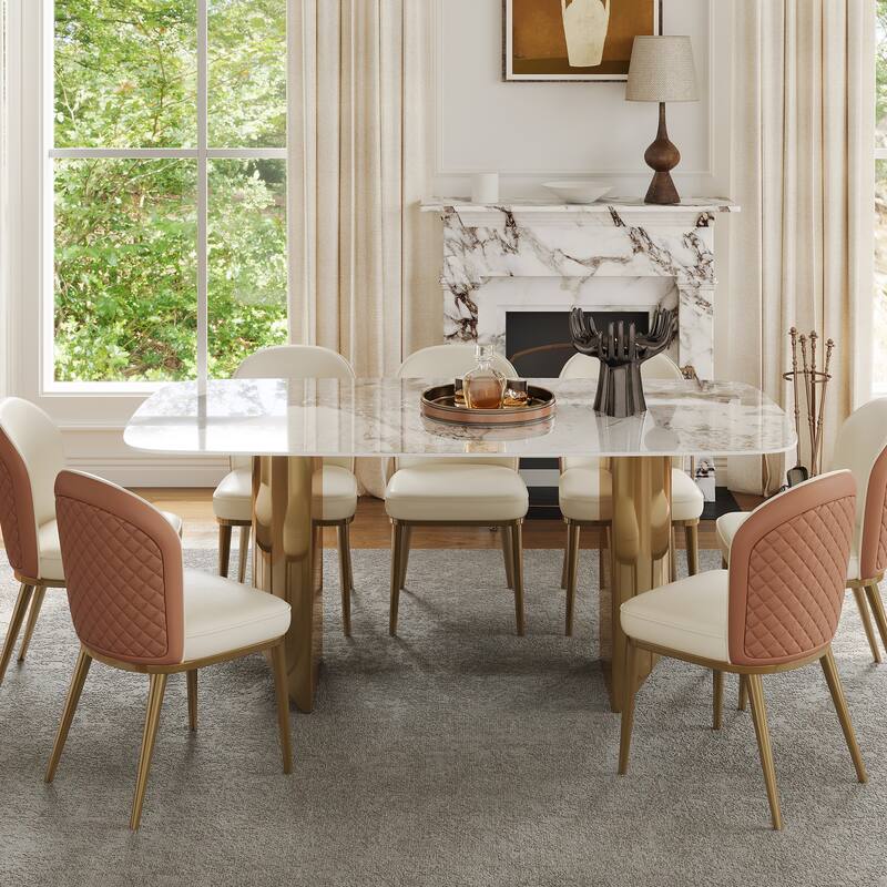 White Rectangular Sintered Stone Dining Table with Double Pedestals